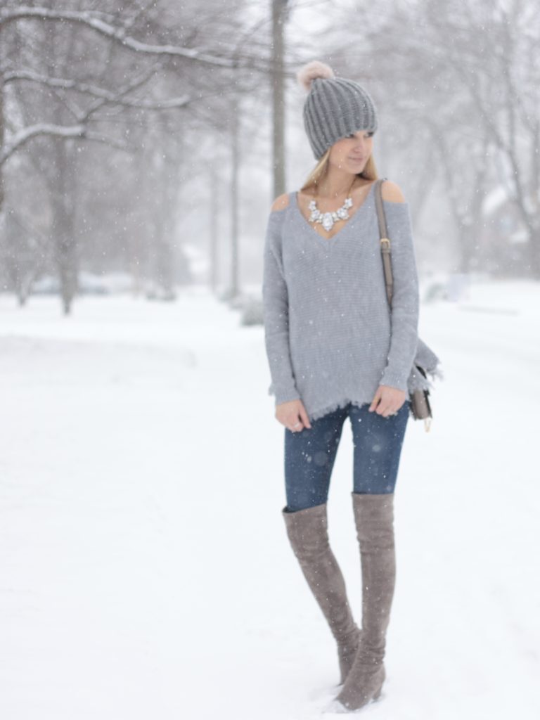 cold shoulder sweater outfit with jeggings and over the knee taupe suede boots