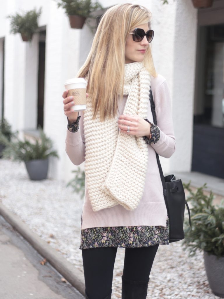 mock layer sweater dress with chunky knit ivory scarf