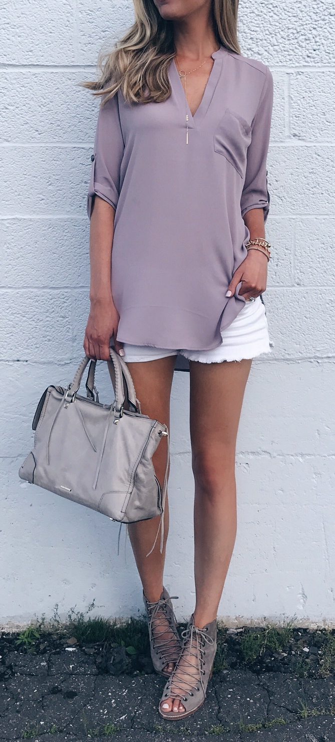 Summer Sale Outfit - purple tunic with white denim shorts