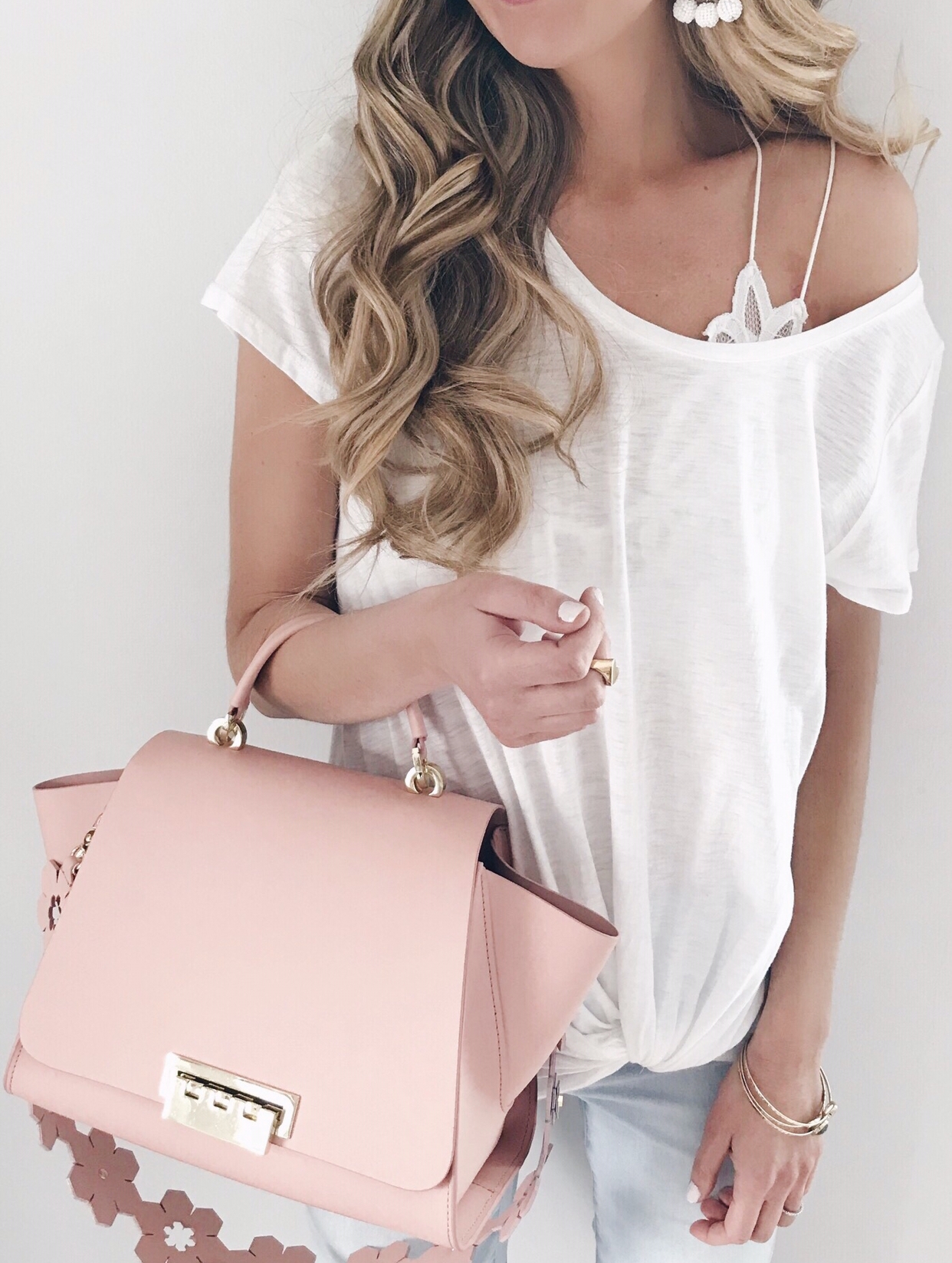 connecticut fashion blogger rachel moore in slouchy tee over bralette