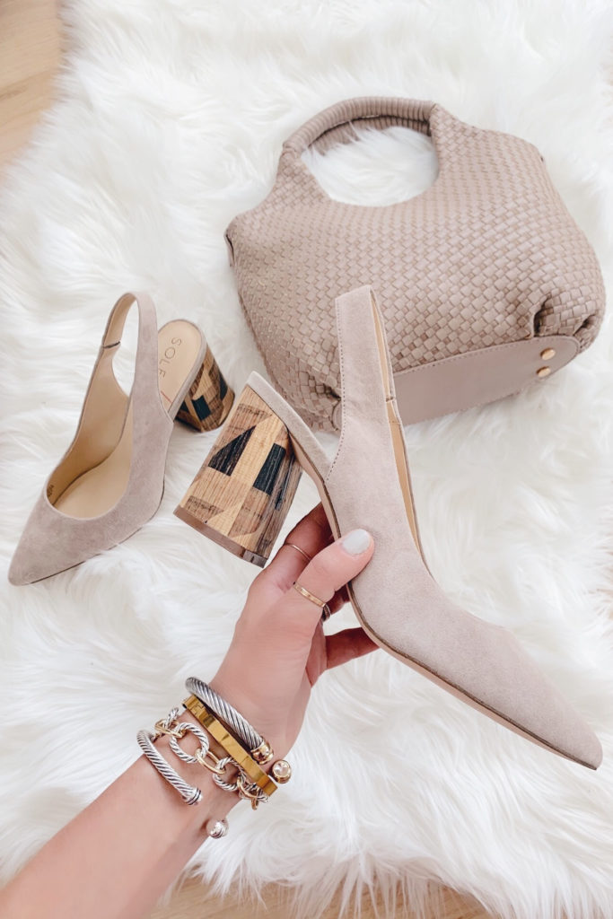 taupe suede block heel pumps and taupe handbag - pinteresting plans blog