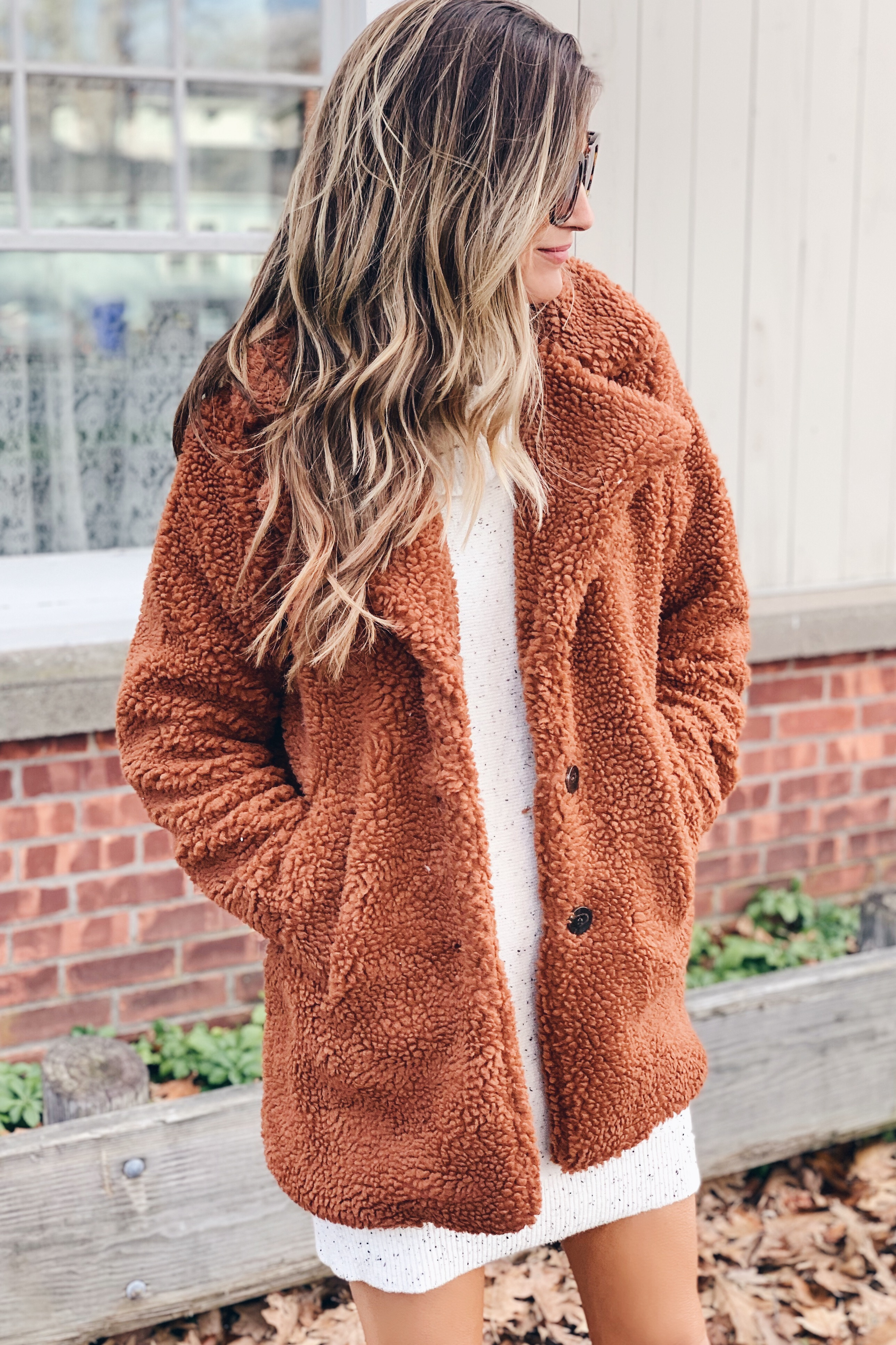 rust collared long teddy coat with with sweater dress fall winter outerwear