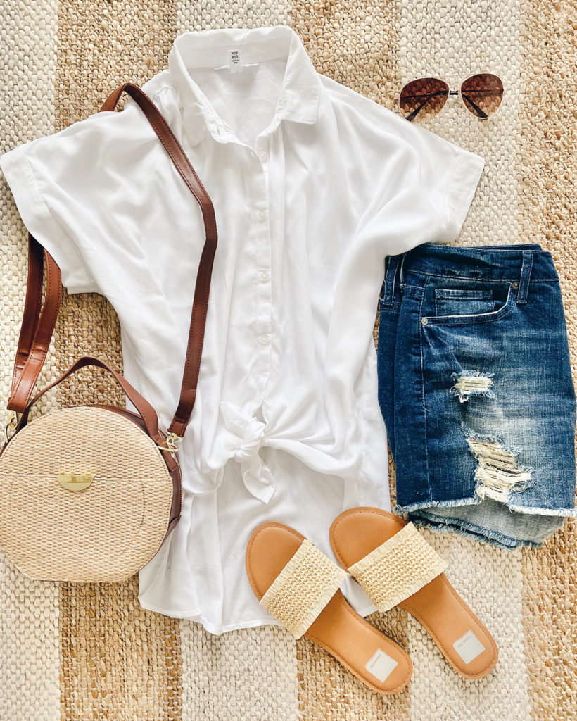 white button down collared short sleeve tie front top woven sandals and round woven canteen summer bag