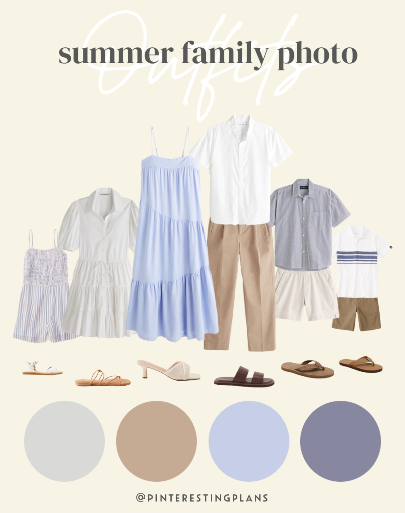 outfit ideas for an outdoor summer family photoshoot - pink, blue and neutral color scheme