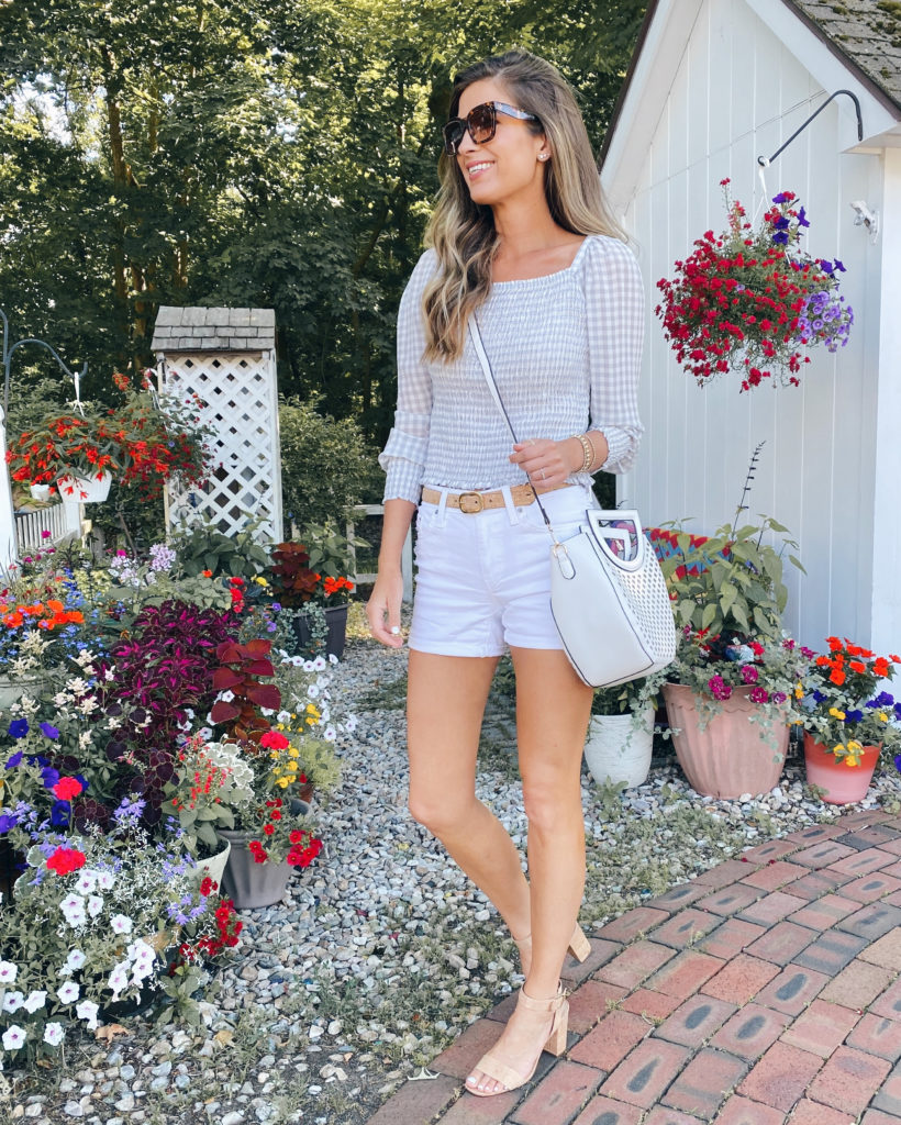 gingham smocked square neck top with white shorts and cork block heeled sandals
