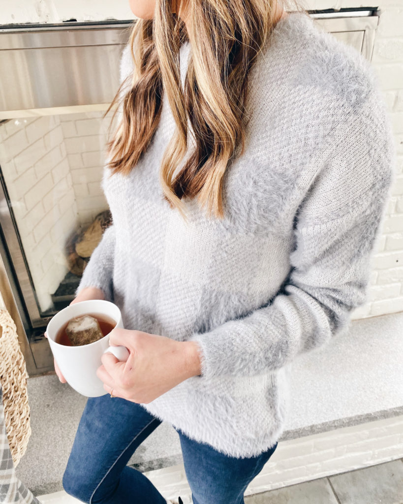 affordable grey buffalo plaid eyelash sweater from walmart