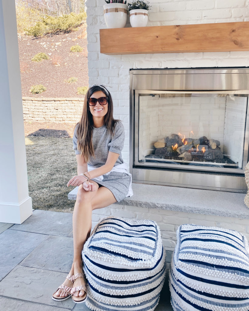 coastal style navy and cream textured outdoor ottoman pouf for patio