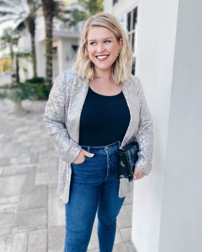 silver sequin blazer with jeans and black bodysuit holiday outfit