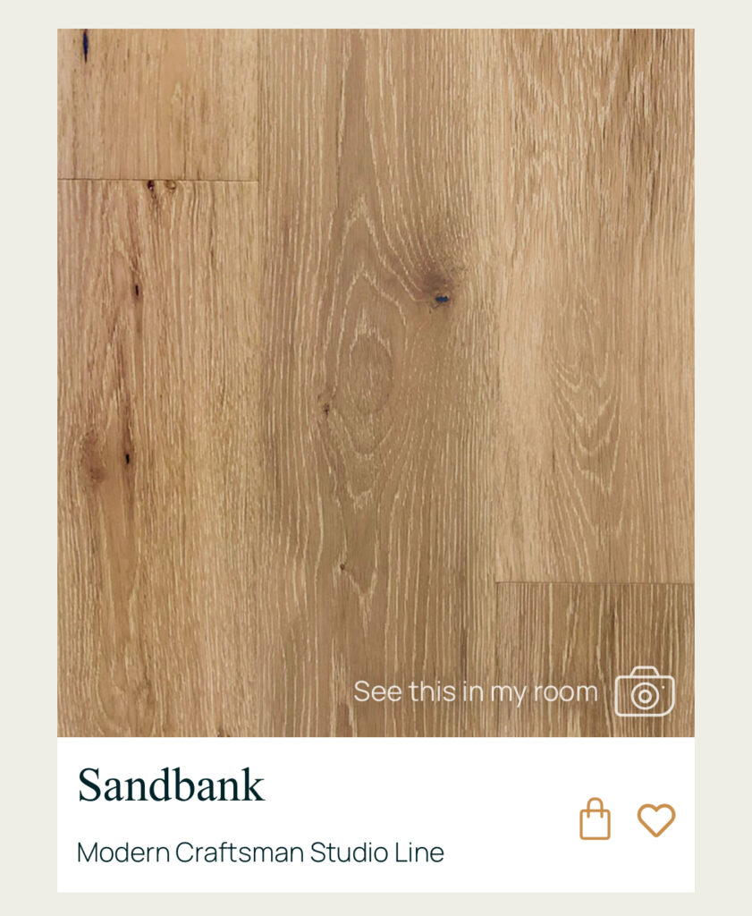 Sandbank hardwood flooring from the Modern Craftsman Studio Line, a natural oak finish and subtle grain pattern.