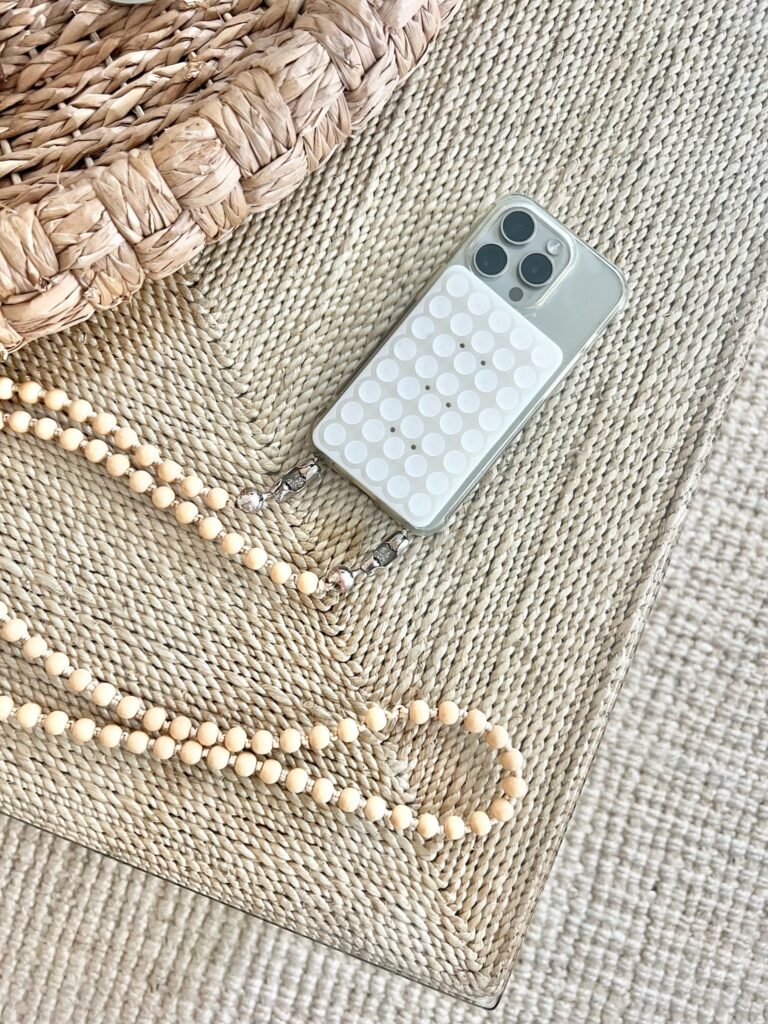 Neutral iPhone case with wooden beaded crossbody phone strap