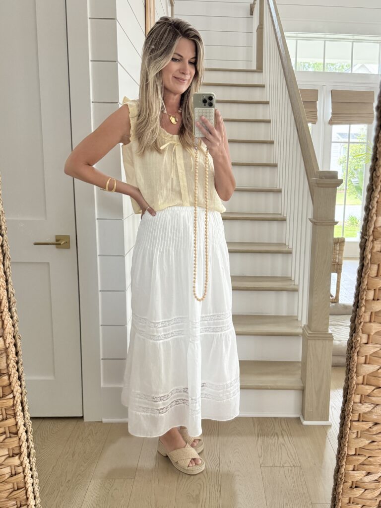 Butter yellow flutter sleeve top with a white tiered maxi skirt